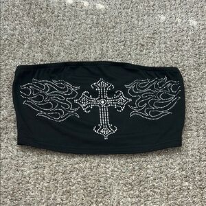 Black Tube Top with Rhinestone Cross Design